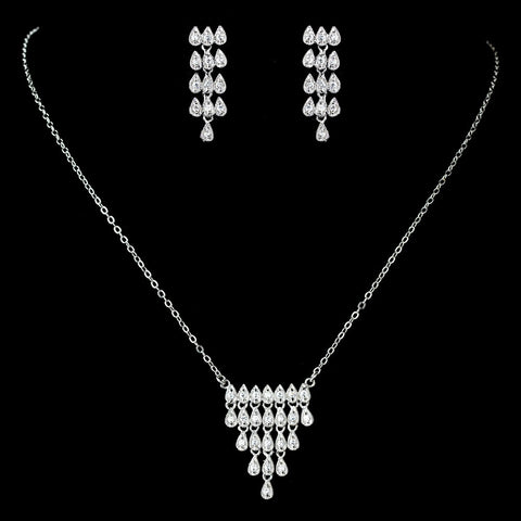 Antique Rhodium Silver Clear CZ Crystal Simple Pave Bridal Wedding Jewelry Set 7752