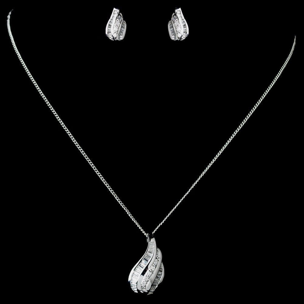 Antique Rhodium Silver Clear CZ Crystal Baguette Pendent Bridal Wedding Jewelry Set 7753