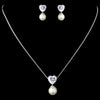 Antique Rhodium Silver White Pearl & Heart CZ Crystal Drop Bridal Wedding Jewelry Set 7754