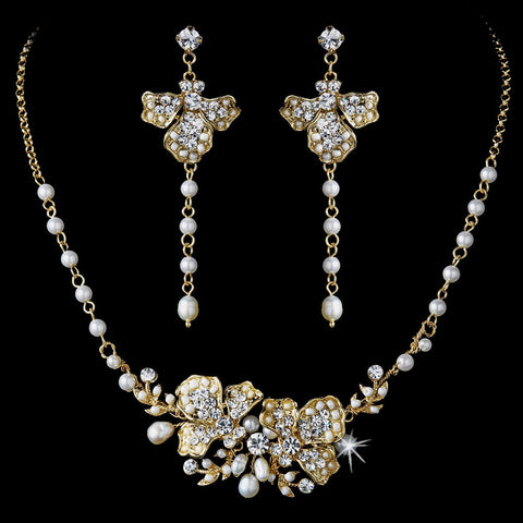 Freshwater Pearl & Crystal Gold Bridal Wedding Jewelry Set & Headband Set 7803