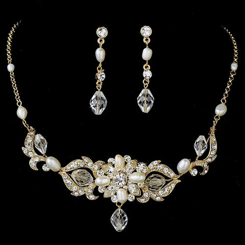 Gold Swarovski Freshwater Pearl Jewelry 7804 & Bridal Wedding Headband 7844 Set