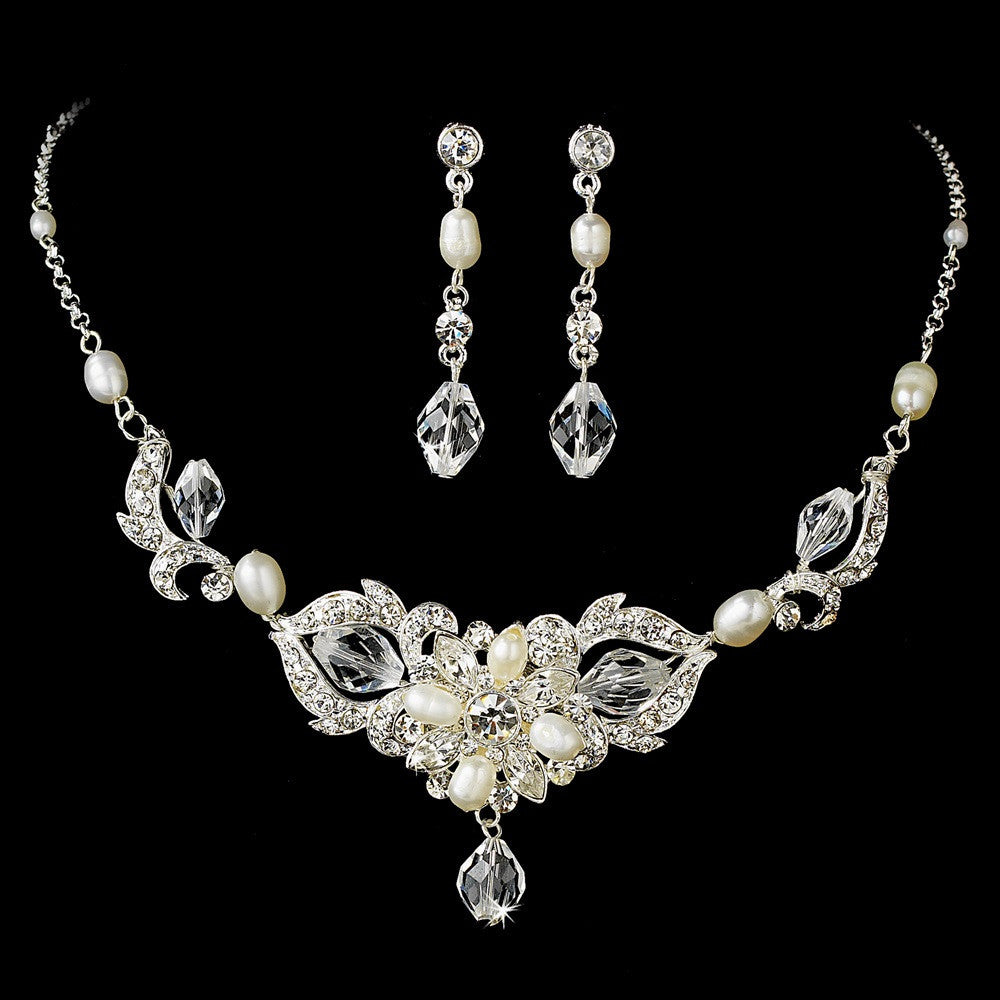 Silver Swarovski Freshwater Pearl Jewelry 7804 & Bridal Wedding Headband 7844 Set