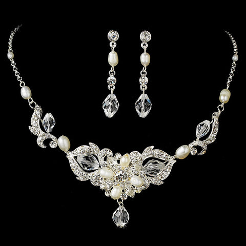 Silver Crystal & Pearl Bridal Wedding Jewelry Set NE 7804