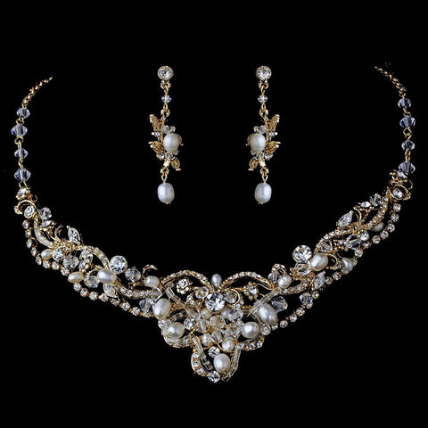 Gold Freshwater Pearl Jewelry 7825 & Bridal Wedding Headband 5508 Set