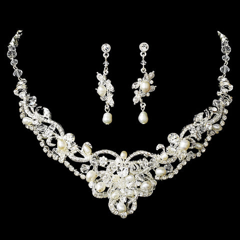 Silver Freshwater Pearl Jewelry & Bridal Wedding Tiara Set 7825