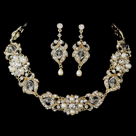 Bridal Wedding Necklace Earring Set NE 7844 Gold Ivory