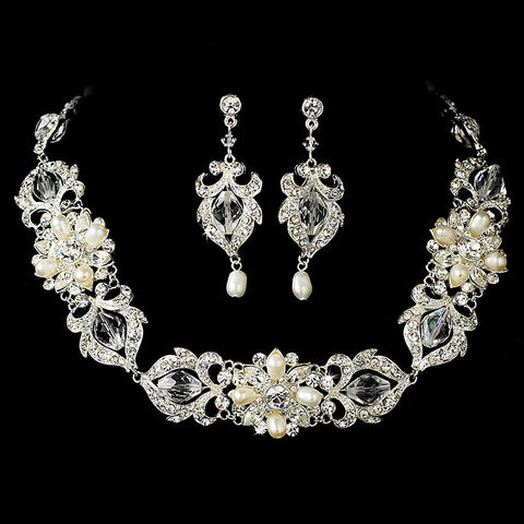Bridal Wedding Necklace Earring Set NE 7844 Silver Ivory