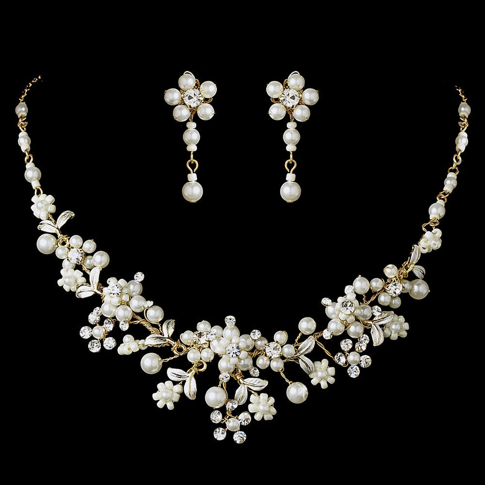 Beautiful Gold Ivory Pearl Bridal Wedding Jewelry Set NE 8001