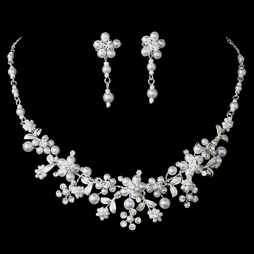 Elegant Silver Pearl Bridal Wedding Jewelry Set NE 8001