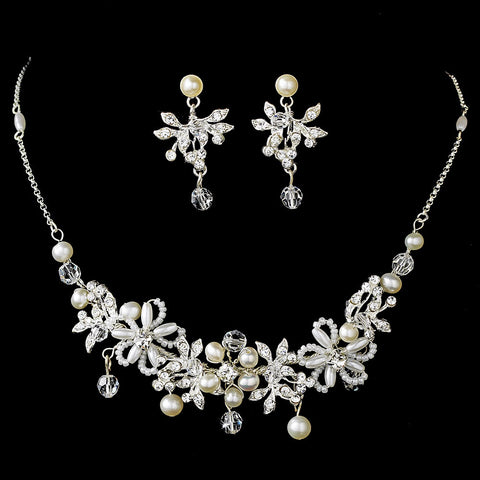 * Bridal Wedding Necklace Earring Set NE 8005 Silver Ivory