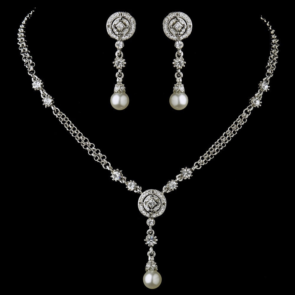 Antique Silver Clear Austrian Crystal and Diamond White Pearl Bridal Wedding Necklace & Earrings Set 8016