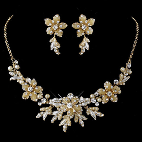 Gold Rum Pearl Flower Jewelry & Bridal Wedding Tiara Set 8100