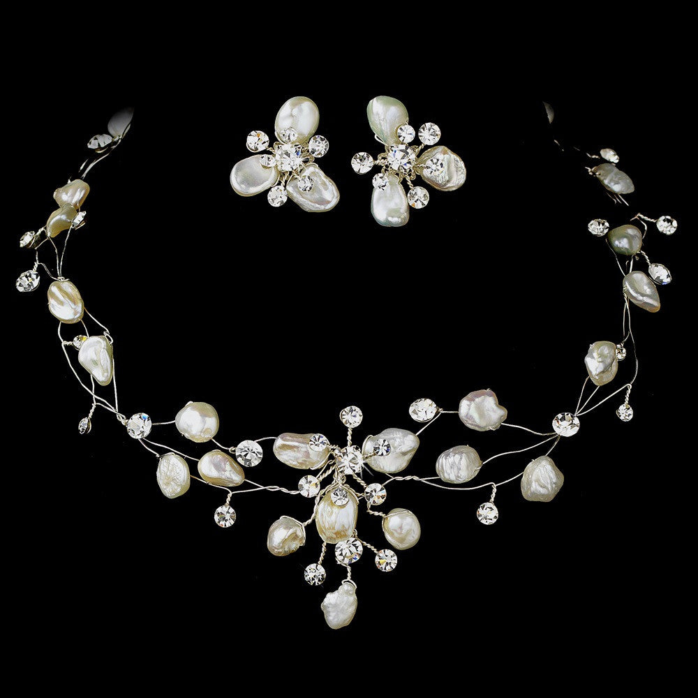 Freshwater Keshi Pearl & Crystal Bridal Wedding Necklace Earring Jewelry & Tiara Set 8134