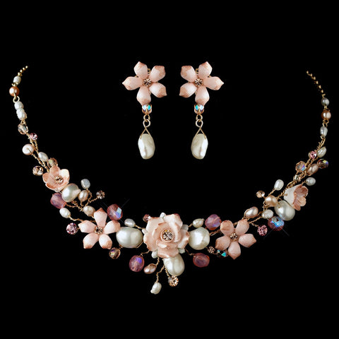 Gold Rum Pink Porcelain Floral Bridal Wedding Necklace Bridal Wedding Earrings Set 8142