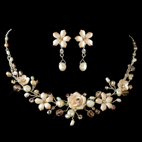 Silver Rum Pink Porcelain Floral Bridal Wedding Necklace Bridal Wedding Earrings Set 8142