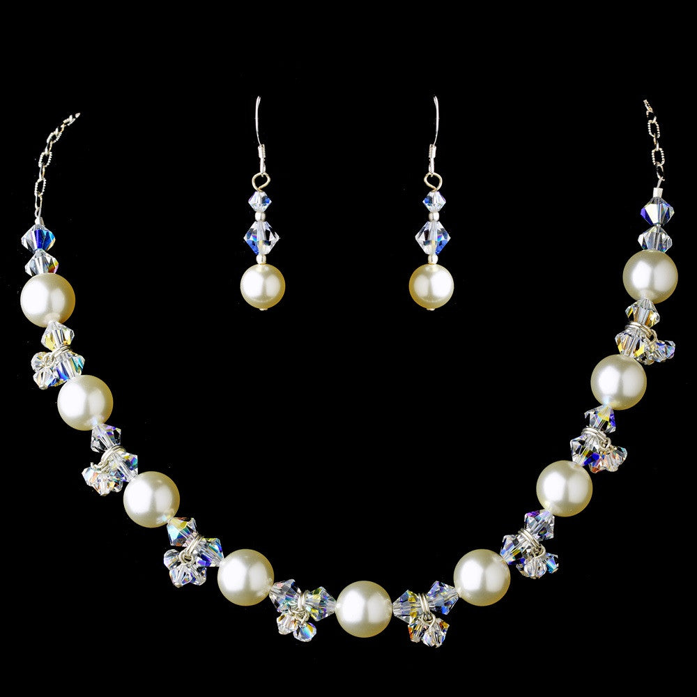 Silver Freshwater Pearl, Rhinestone & Diamond White Porcelain Flower Rhinestone Bridal Wedding Jewelry Set 8157