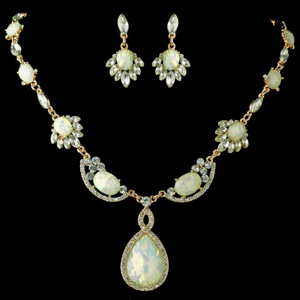 Gold Mint Green Opalescent Moonglass Bridal Wedding Jewelry Set 8158