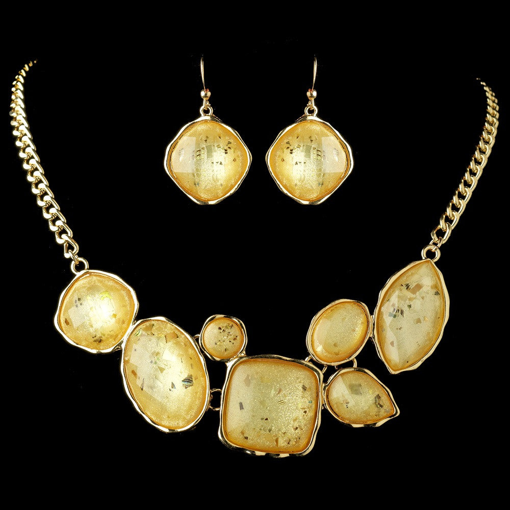 Gold Light Topaz Opalescent Moonglass Bridal Wedding Necklace & Earrings Statement Jewelry Set 8159