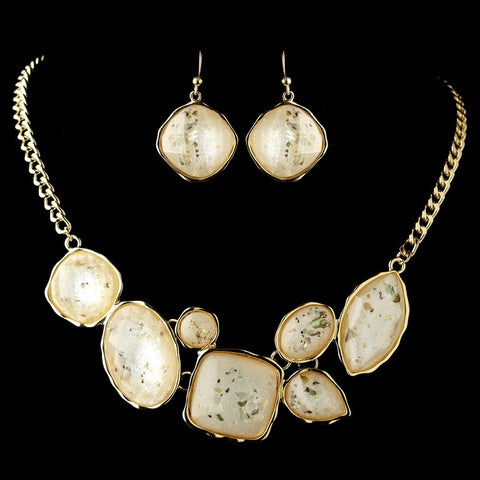 Gold Peach Opalescent Moonglass Bridal Wedding Necklace & Earrings Statement Jewelry Set 8159
