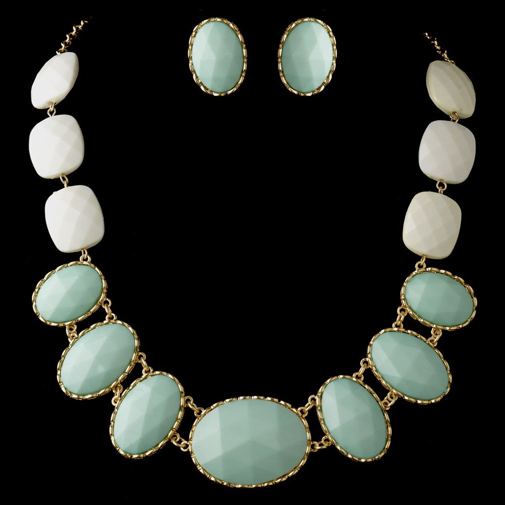 Gold Mint Green Faceted Bead Tribal Fashion Bridal Wedding Necklace & Earrings Statement Jewelry Set 8160