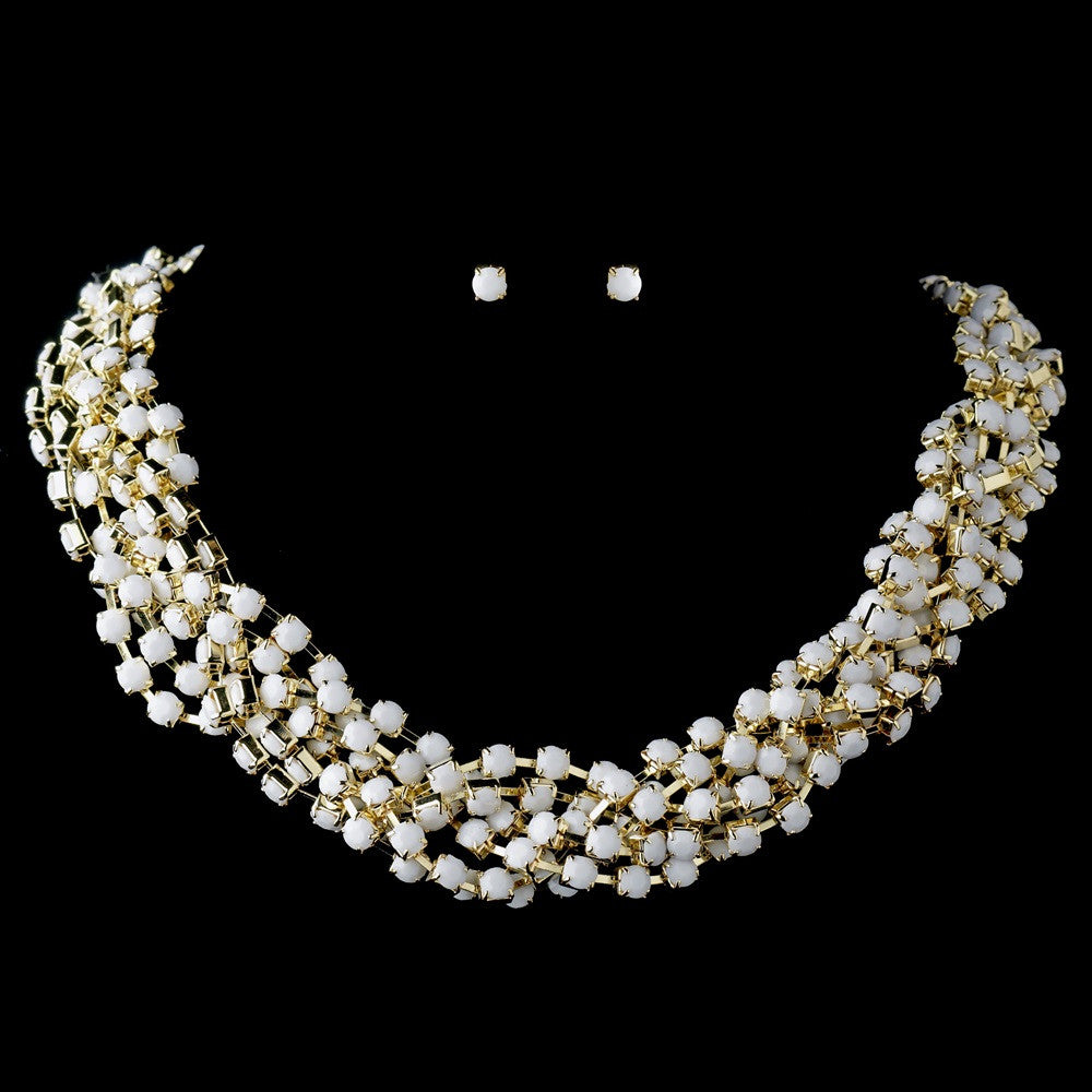 Gold White Faceted Bead Multi Strand Interweaved Fashion Bridal Wedding Jewelry Set 8162