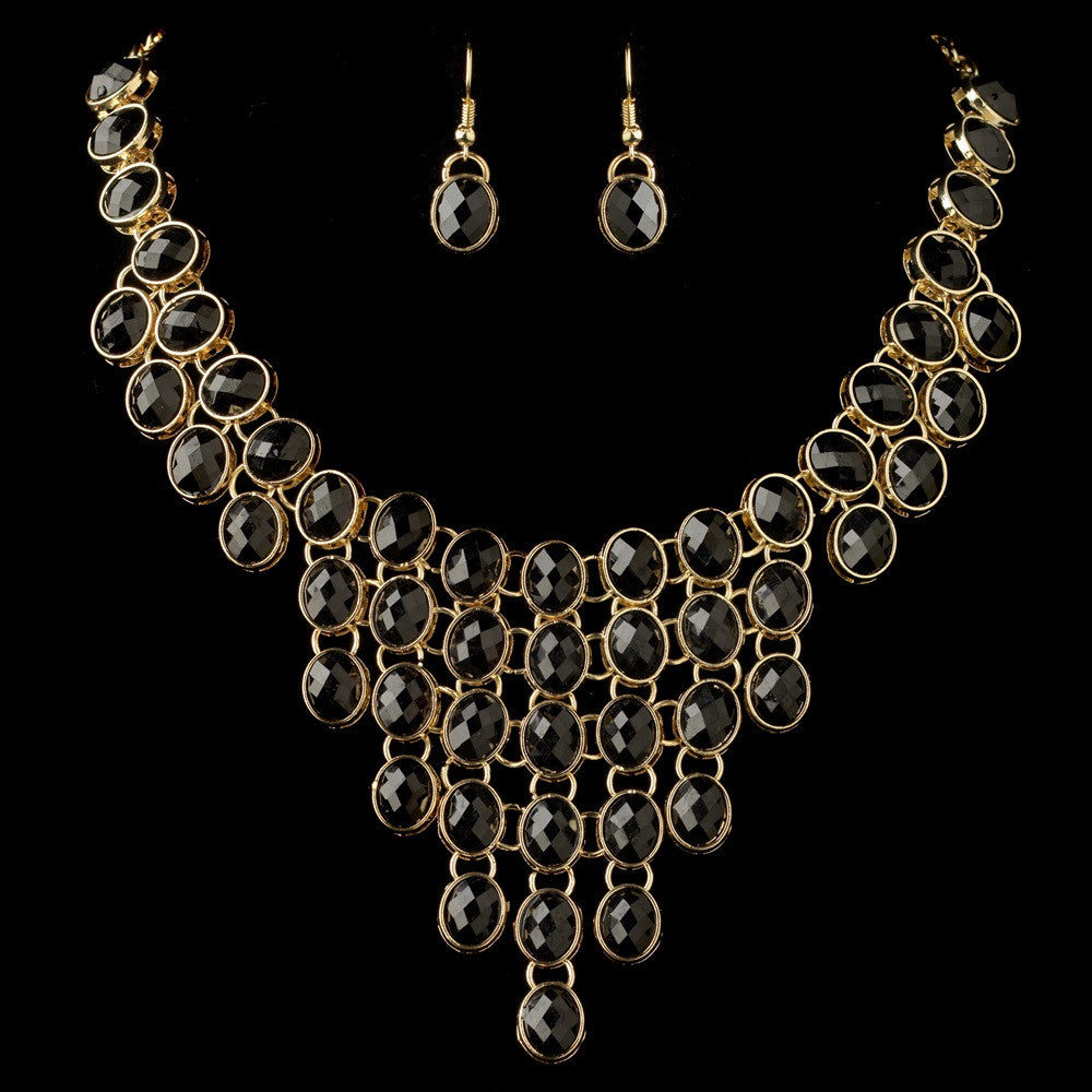 Gold Black Acrylic Stone Bib Fashion Statement Bridal Wedding Jewelry Set 82027