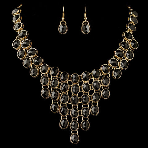 Gold Black Acrylic Stone Bib Fashion Statement Bridal Wedding Jewelry Set 82027