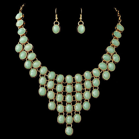 Gold Mint Green Acrylic Stone Bib Fashion Statement Bridal Wedding Jewelry Set 82027