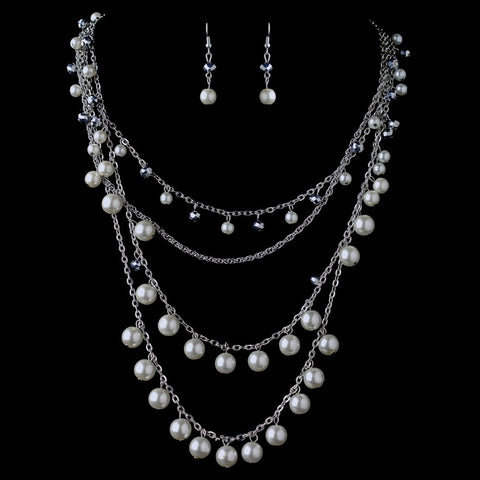 Rhodium Diamond White Pearl & Smoke Beaded Fashion Bridal Wedding Jewelry Set 82028