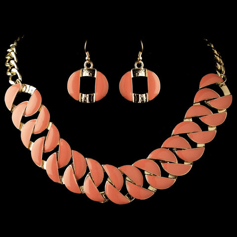 Gold Peach Coral Fashion Enameled Statement Bridal Wedding Jewelry Set 82033