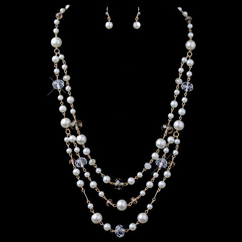Gold Light Brown & Clear Rondelle Bead & Diamond White Pearl Drape Statement Bridal Wedding Jewelry Set