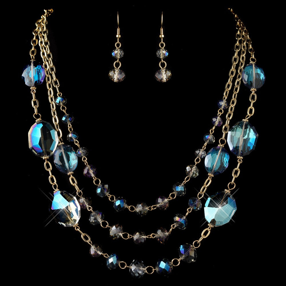 Gold Blue Rondelle Crystal Beaded Fashion Statement Bridal Wedding Jewelry Set 82048