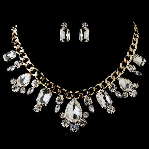 Gold Clear Multi Cut Rhinestone Chain Statement Bridal Wedding Jewelry Set 82049
