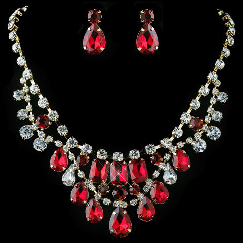Gold Red & Clear Pear & Radiant Cut Rhinestone Statement Bridal Wedding Jewelry Set 82051