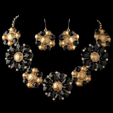 Gold Black Copper Stone Flower Fashion Bridal Wedding Jewelry Set 82052