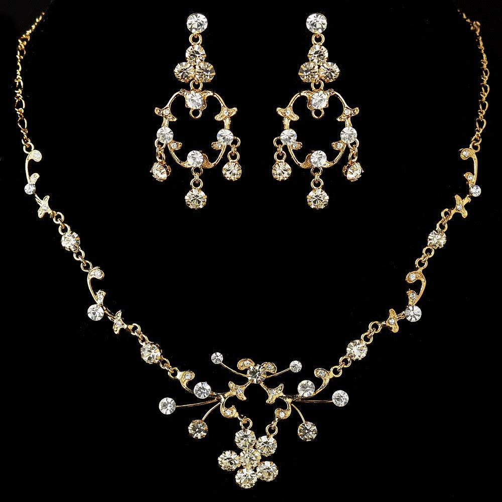 Gold Clear Rhinestone Floral Vine Necklace & Chandelier Earrings Bridal Wedding Jewelry Set 8215