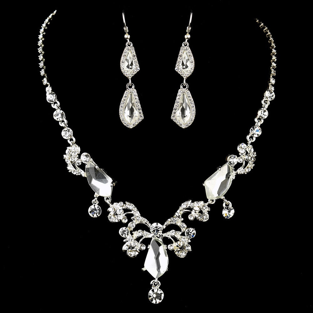 Silver Clear Rhinestone Floral Vine Bridal Wedding Jewelry Set 8216