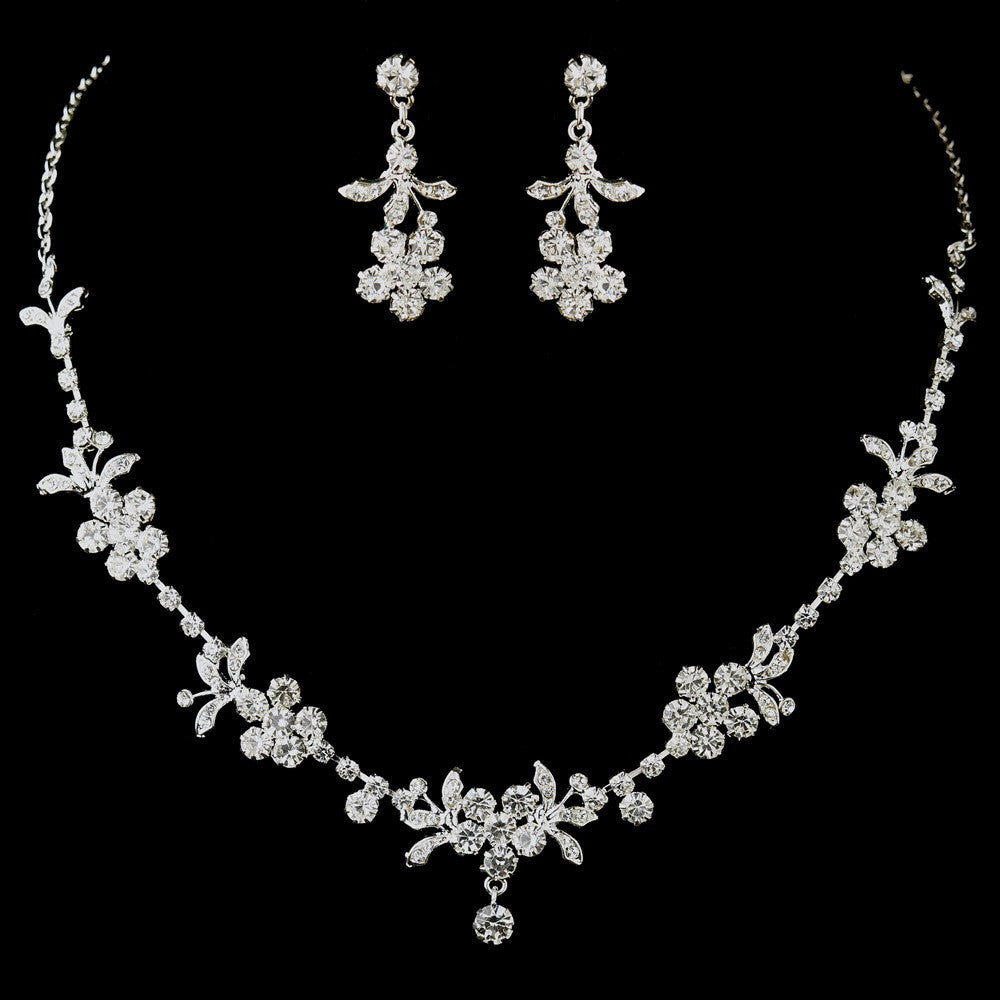 Silver Clear Rhinestone Floral Bridal Wedding Jewelry Set 8218