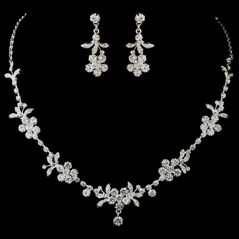 Silver Clear Rhinestone Floral Bridal Wedding Jewelry Set 8218