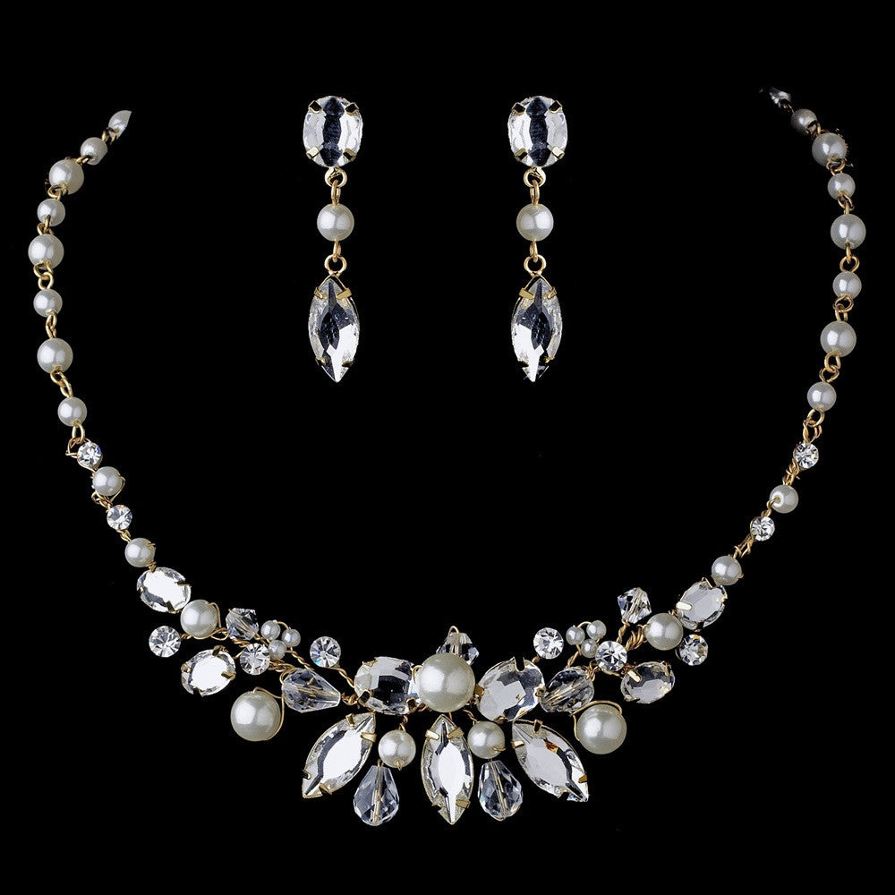 Gold Ivory Pearl Bridal Wedding Jewelry Set & Tiara Set 8234