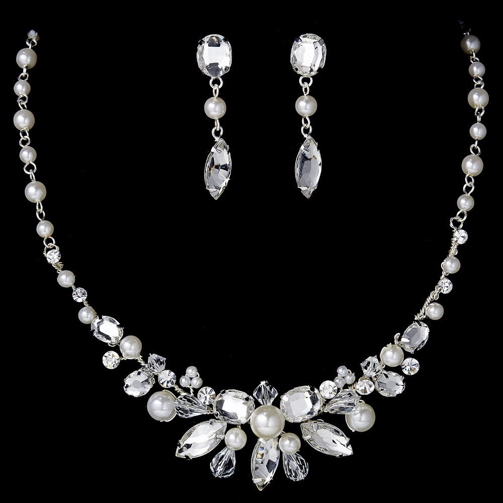 Silver Ivory Pearl Bridal Wedding Jewelry Set & Tiara Set 8234