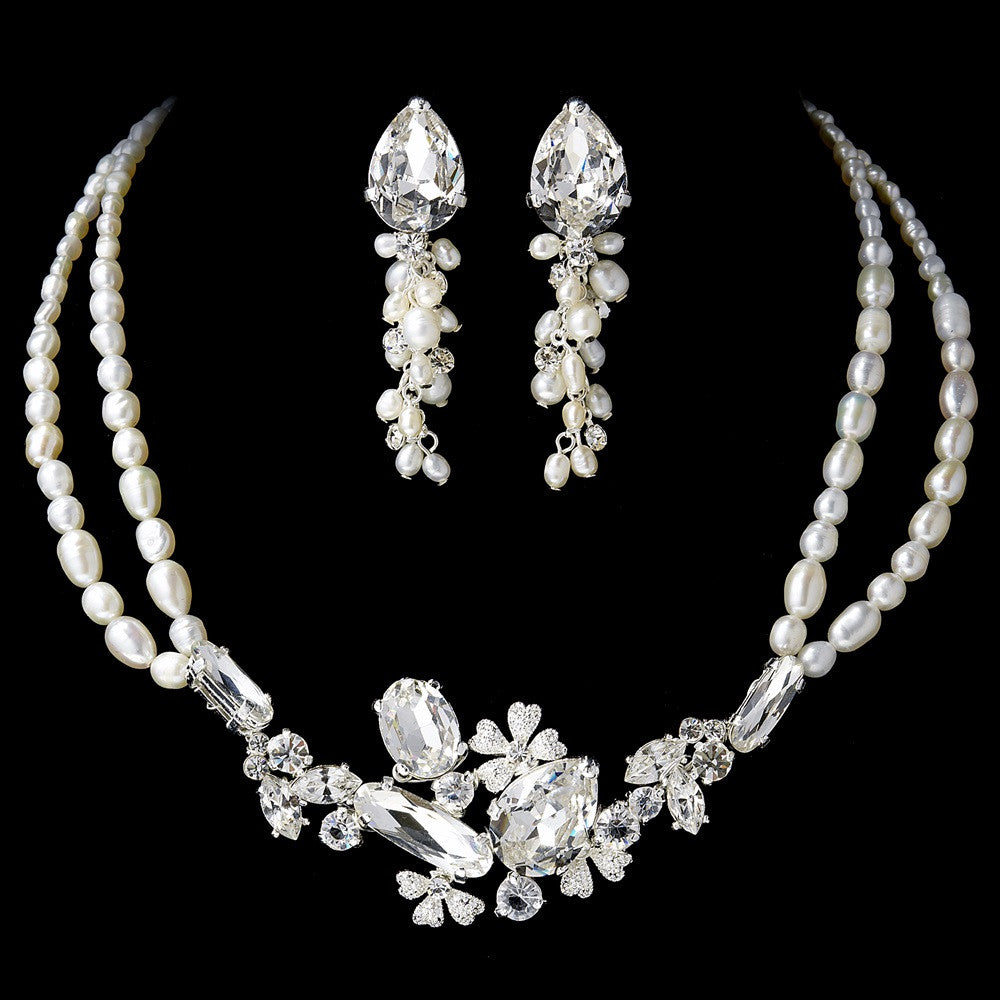 Silver Freshwater Pearl Bridal Wedding Jewelry Set NE 8238