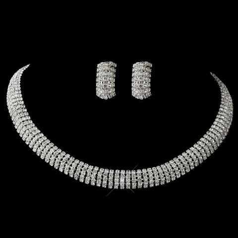 Fabulous Silver Clear Rhinestone Choker Bridal Wedding Necklace & Hair Clip On Earring Set 8239