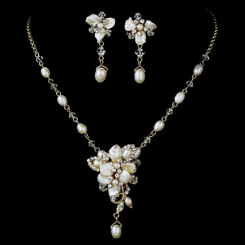 Gold Freshwater Pearl Bridal Wedding Jewelry Set NE 8262