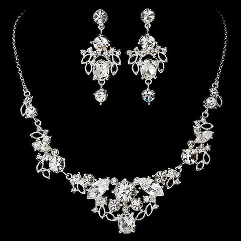 Silver Crystal Bridal Wedding Necklace Earring Set NE 8310