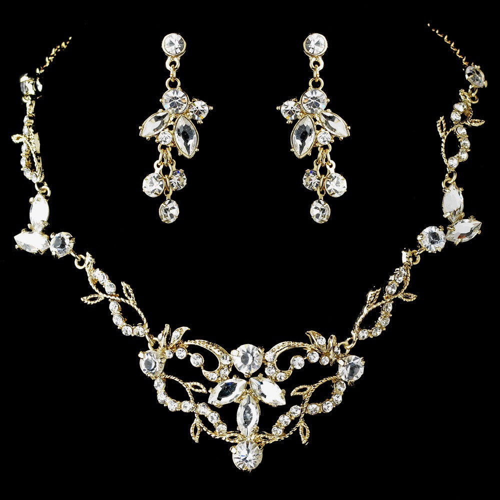 Gold & Clear Crystal Bridal Wedding Necklace Earring NE 8312 Gold