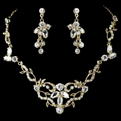 Gold & Clear Crystal Bridal Wedding Necklace Earring NE 8312 Gold