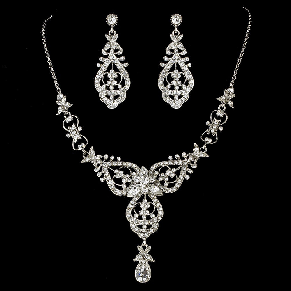 Antique Silver Clear Bridal Wedding Necklace Earring Set 8393