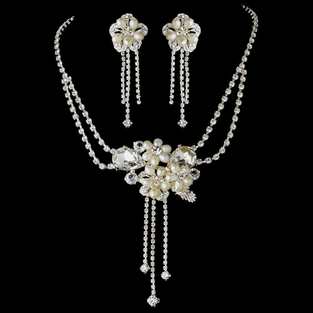 Bridal Wedding Necklace Earring Set 8395 Silver Ivory