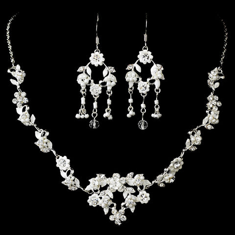 * Bridal Wedding Necklace Earring Set NE 843 Silver White